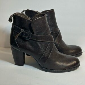 Born Shola Brown Leather Harness Ankle Boots Booties Stacked Heel Moto Size 11
